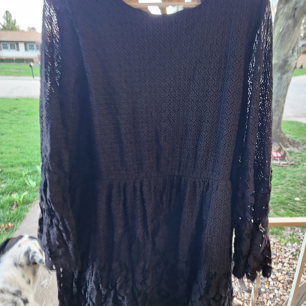 Lace, fully lined with shear sleeves. Zipper back. Baby doll slight stretch